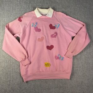 VTG 90s Just Ducky Heart Applique Sweatshirt Scallop Collar Cottagecore XL USA